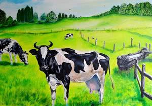 Ölbild Tiere - Glückliche Kühe - Öl auf Leinwand